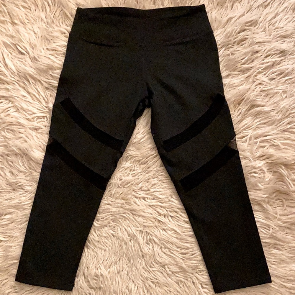 Fabletics black capri leggings with mesh stripes s